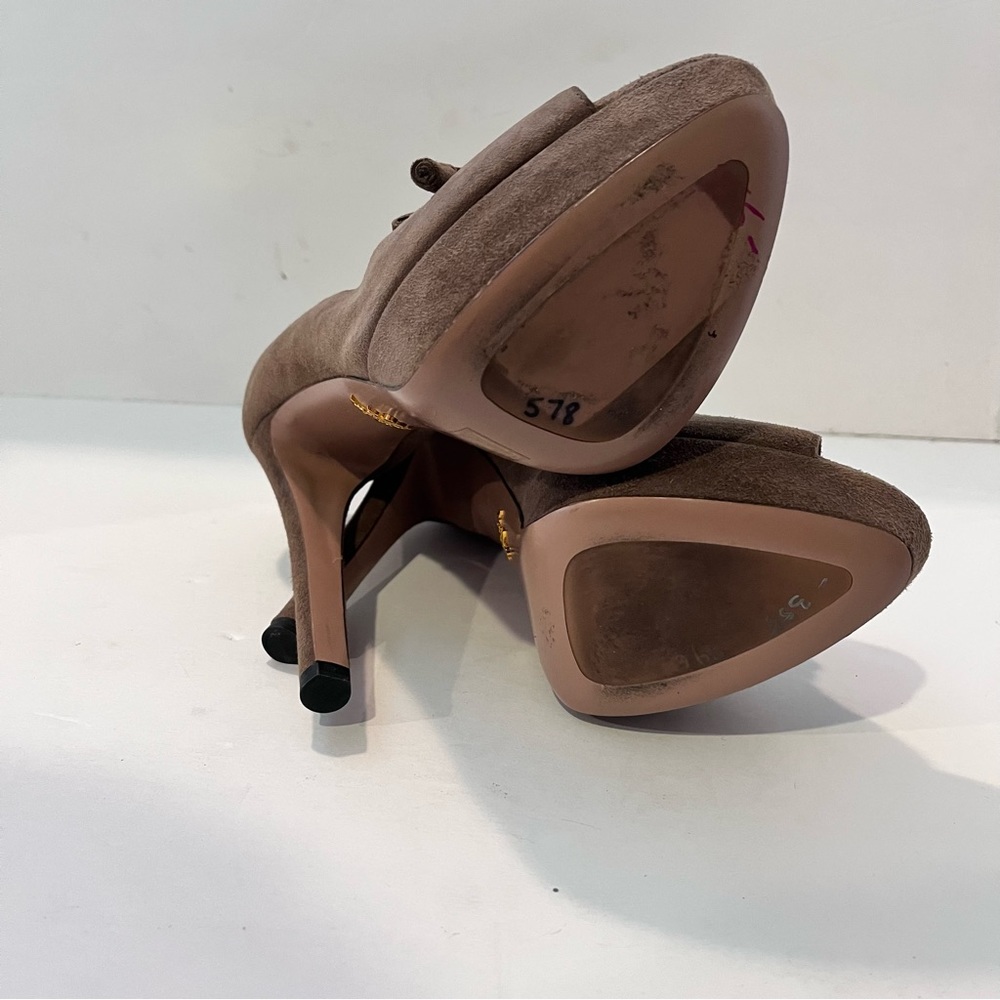 Prada Women’s 39.5 Brown Leather Suede Peep Toe High Heel Pumps - Picture 12 of 16